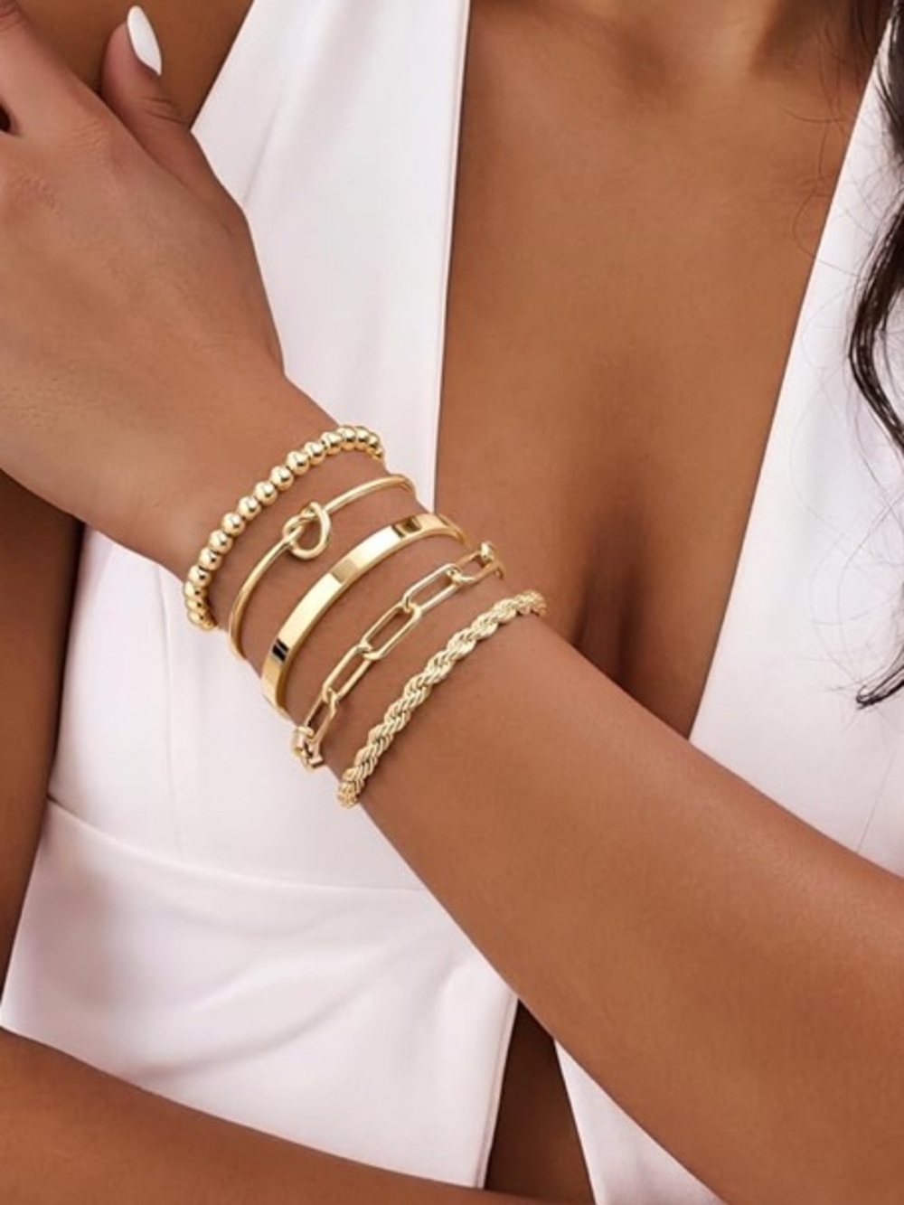 5pc 18k Gold Plated Stainless Steel Trendy Bracelet Set